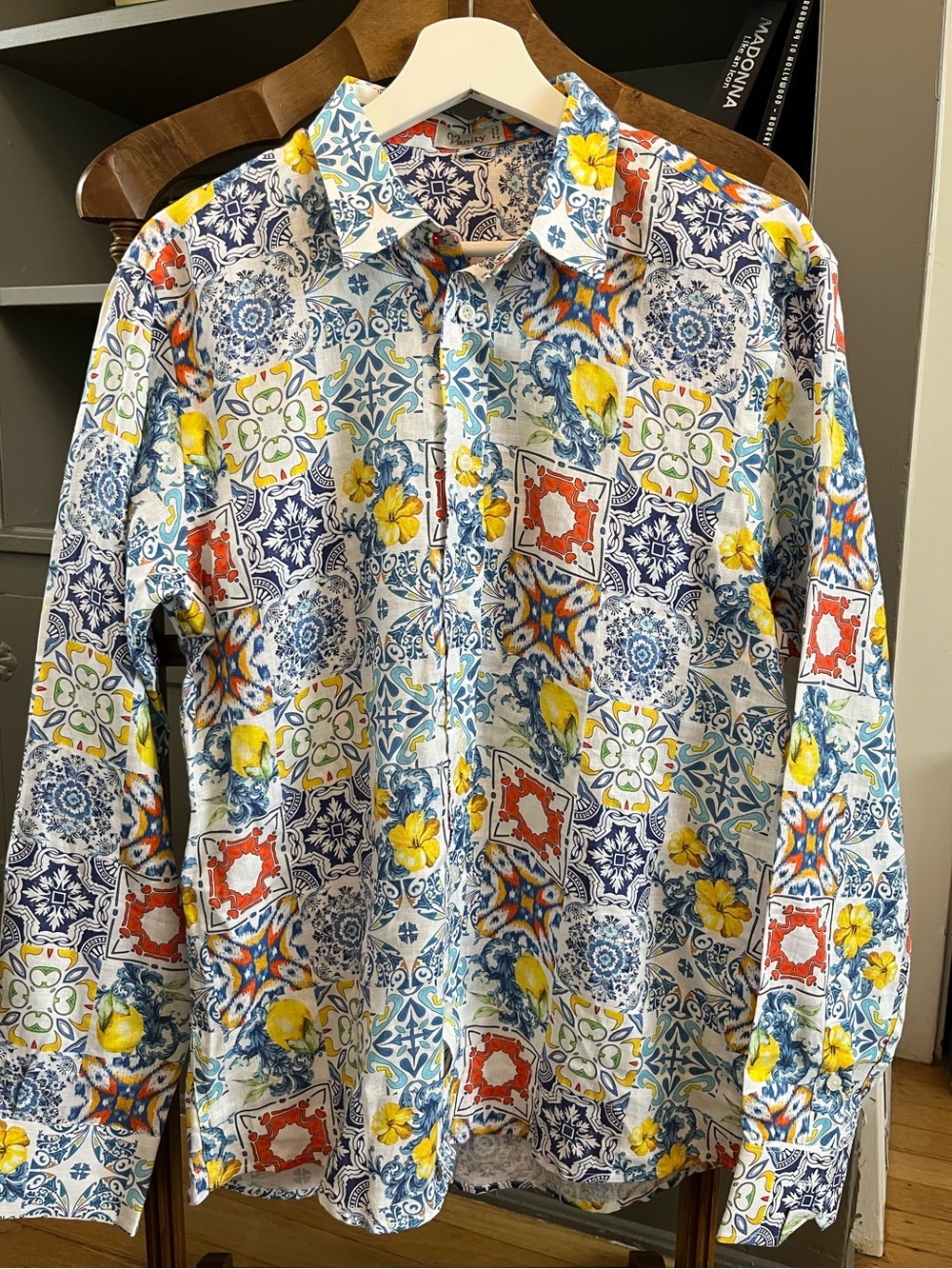 Vanity Men's Tile & Floral Button-Down 100% Linen Shirt- Made in Italy